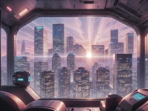 City, metropolis, with skyscrapers, against the backdrop of a pink sunset, pink and peach sky, the glare of the sun on the buildings, sun rays between buildings, without people, Futuristic future, adstech