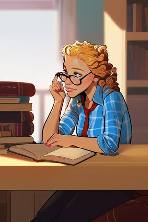 score_9, score_8_up, score_7_up, rating:safe, 1girl, plaid_shirt, solo, blonde_hair, nail_polish, long_hair, curly_hair, blue_eyes, lips, blouse, blurry, depth_of_field, blurry_foreground, glasses, nose, adjusting_eyewear, shirt, loose collar, loose tie, tie_knot, elegant, business, office, desk, photocopier, jewelry, book, indoors, bookshelf, pleading_eyes, casual, tired, exhausted, unhappy, chin_rest, more detail XL, Expressiveh