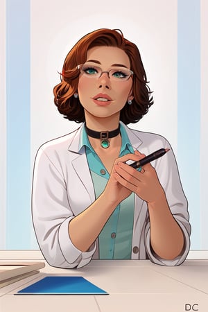 rating_safe, source_cartoon, 
score_9, score_8_up, score_7_up, score_6_up, score_5_up, score_4_up, 
best quality, Dr. Thomas, A middle-aged woman with short, curly brown hair looks up from her desk, peering over her reading glasses
1girl, emerald_eyes, brown_hair, lab_coat, parted_lips, pen, sleeves_rolled_up, solo, cute cardigan, shirt, open_collar, bright laboratory background,
cel shading art, hand-drawn graphic novel, beautiful color palette, perfect composition, cinematic, Concept art, good_hands, Expressiveh, perfect hands.