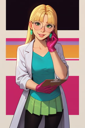 safe_pos, score_9, score_8_up, score_7_up, score_6_up, Expressiveh, very aesthetic, absurdres, highres, solo, laboratory assistant, intern, 1girl, green_eyes, round glasses, clipboard, cropped_legs, holding, holding_clipboard, hugging_clipboard, ((lab_coat)), white_lab_coat, light_blush, lips, smile dimples, college student, 18 years old, young, hime_cut, long_hair, blunt_bangs, blonde_hair, parted_lips, parted_bangs, latex_gloves, sleeves_rolled_up, goofy, gullible, shy, demure, awkward_smile, blushing, cute, looking_at_viewer, light blue shirt, collarbone, earrings, collared_shirt, pleated_skirt, leggings, bright laboratory background, cel shading art, hand-drawn graphic novel, beautiful color palette, perfect composition, cinematic, Concept art, good_hands, perfect hands. Pacifica, Blond hair 