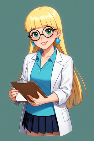 safe_pos, score_9, score_8_up, score_7_up, score_6_up, Expressiveh, very aesthetic, absurdres, highres, solo, laboratory assistant, intern, 1girl, green_eyes, round glasses, clipboard, cropped_legs, holding, holding_clipboard, hugging_clipboard, ((lab_coat)), white_lab_coat, light_blush, lips, smile dimples, college student, 18 years old, young, hime_cut, long_hair, blunt_bangs, blonde_hair, parted_lips, parted_bangs, sleeves_rolled_up, goofy, gullible, shy, demure, awkward_smile, blushing, cute, looking_at_viewer, light blue shirt, collarbone, earrings, collared_shirt, pleated_skirt, leggings, bright laboratory background, cel shading art, hand-drawn graphic novel, beautiful color palette, perfect composition, cinematic, Concept art, good_hands, perfect hands. Pacifica, Blond hair, comic book illustration, Dc comics style