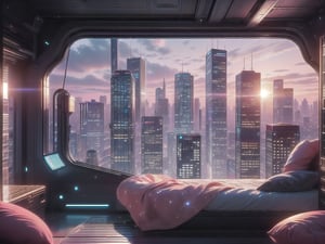 City, metropolis, with skyscrapers, against the backdrop of a pink sunset, pink and peach sky, the glare of the sun on the buildings, sun rays between buildings, without people, Futuristic future, adstech