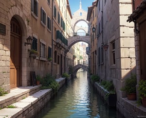 (masterpiece), best quality, outdoor, digital art of a narrow alley, cobblestone, canal to the side, pov from pier, centered walkway, italian medieval city, medieval setting, outdoor, balconies, medieval houses, elegant, eye level, mystifying, dof effect, sharp focus, perfect composition, cinematic
