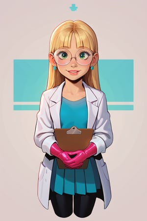 safe_pos, score_9, score_8_up, score_7_up, score_6_up, Expressiveh, very aesthetic, absurdres, highres, solo, laboratory assistant, intern, 1girl, green_eyes, round glasses, clipboard, cropped_legs, holding, holding_clipboard, hugging_clipboard, ((lab_coat)), white_lab_coat, light_blush, lips, smile dimples, college student, 18 years old, young, hime_cut, long_hair, blunt_bangs, blonde_hair, parted_lips, parted_bangs, latex_gloves, sleeves_rolled_up, goofy, gullible, shy, demure, awkward_smile, blushing, cute, looking_at_viewer, light blue shirt, collarbone, earrings, collared_shirt, pleated_skirt, leggings, bright laboratory background, cel shading art, hand-drawn graphic novel, beautiful color palette, perfect composition, cinematic, Concept art, good_hands, perfect hands. Pacifica, Blond hair 