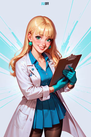 score_9, score_8_up, score_7_up, score_6_up, solo, laboratory assistant, intern, 1girl, green_eyes, clipboard, cropped_legs, holding, holding_clipboard, hugging_clipboard, ((lab_coat)), white_lab_coat, light_blush, lips, smile dimples, college student, 18 years old, young, hime_cut, long_hair, blunt_bangs, blonde_hair, parted_lips, parted_bangs, latex_gloves, sleeves_rolled_up, goofy, gullible, shy, demure, awkward_smile, blushing, cute, looking_at_viewer, light blue shirt, collarbone, earrings, collared_shirt, pleated_skirt, leggings, bright laboratory background, 
cel shading art, hand-drawn graphic novel, beautiful color palette, perfect composition, cinematic, Concept art, good_hands, Expressiveh, perfect hands. comic book illustration, Dc comics style