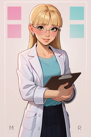 safe_pos, score_9, score_8_up, score_7_up, score_6_up, Expressiveh, very aesthetic, absurdres, highres, solo, laboratory assistant, intern, 1girl, green_eyes, round glasses, clipboard, cropped_legs, holding, holding_clipboard, hugging_clipboard, ((lab_coat)), white_lab_coat, light_blush, lips, smile dimples, college student, 18 years old, young, hime_cut, long_hair, blunt_bangs, blonde_hair, parted_lips, parted_bangs, sleeves_rolled_up, goofy, gullible, shy, demure, awkward_smile, blushing, cute, looking_at_viewer, light blue shirt, collarbone, earrings, collared_shirt, pleated_skirt, leggings, bright laboratory background, cel shading art, hand-drawn graphic novel, beautiful color palette, perfect composition, cinematic, Concept art, good_hands, perfect hands. Pacifica, Blond hair 