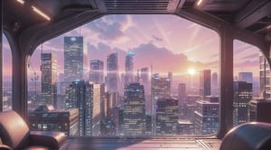 City, metropolis, with skyscrapers, against the backdrop of a pink sunset, pink and peach sky, the glare of the sun on the buildings, sun rays between buildings, without people, Futuristic future, adstech