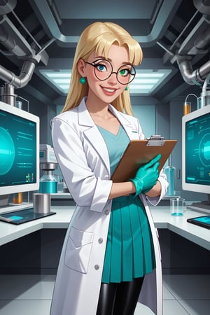 score_9, score_8_up, score_7_up, score_6_up, solo, laboratory assistant, intern, 1girl, green_eyes, clipboard, cropped_legs, holding, holding_clipboard, hugging_clipboard, ((lab_coat)), white_lab_coat, light_blush, lips, smile dimples, college student, 18 years old, young, hime_cut, long_hair, blunt_bangs, blonde_hair, heterochromia (green, blue) large round glasses, parted_lips, parted_bangs, latex_gloves, sleeves_rolled_up, goofy, gullible, shy, demure, awkward_smile, blushing, cute, looking_at_viewer, light blue shirt, collarbone, earrings, collared_shirt, pleated_skirt, leggings, bright laboratory background, 
cel shading art, hand-drawn graphic novel, beautiful color palette, perfect composition, cinematic, Concept art, good_hands, Expressiveh, perfect hands. comic book illustration, Dc comics style, dcaustyle