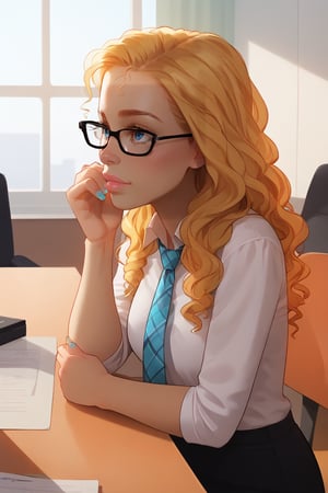 score_9, score_8_up, score_7_up, rating:safe, 1girl, plaid_shirt, solo, blonde_hair, nail_polish, long_hair, curly_hair, blue_eyes, lips, blouse, blurry, depth_of_field, blurry_foreground, glasses, nose, adjusting_eyewear, shirt, loose collar, loose tie, tie_knot, elegant, business, office, desk, photocopier, casual, tired, exhausted, unhappy, more detail XL, Expressiveh