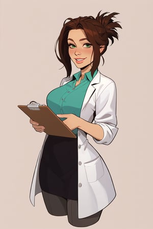 score_9, score_8_up, score_7_up, score_6_up, 1girl, emerald_eyes, brown_hair, clipboard, cropped_legs, holding, holding_clipboard, hugging_clipboard, lab_coat, light_blush, lips, student, 18 years old, messy ponytail, parted_lips, parted_bangs, pen, sleeves_rolled_up, solo, shy, demure, awkward_smile. cute cardigan, shirt, open_collar, plaited_skirt, leggings, bright laboratory background,
cel shading art, hand-drawn graphic novel, beautiful color palette, perfect composition, cinematic, Concept art, good_hands, Expressiveh, perfect hands.