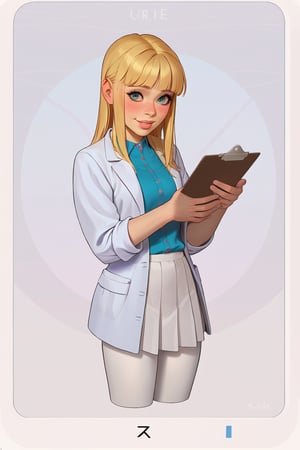 score_9, score_8_up, score_7_up, score_6_up, solo, laboratory assistant, intern, 1girl, emerald_eyes, clipboard, cropped_legs, holding, holding_clipboard, hugging_clipboard, lab_coat, light_blush, lips, college student, 18 years old, young, hime_cut, long_hair, blonde_hair, parted_lips, parted_bangs, pen, sleeves_rolled_up, goofy, gullible, shy, demure, awkward_smile, blushing, cute, shirt, pleated_skirt, leggings, bright laboratory background, 
cel shading art, hand-drawn graphic novel, beautiful color palette, perfect composition, cinematic, Concept art, good_hands, Expressiveh, perfect hands.