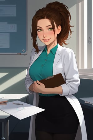 rating_safe, source_cartoon, 
score_9, score_8_up, score_7_up, score_6_up, score_5_up, score_4_up, 
best quality, 
1girl, emerald_eyes, brown_hair, clipboard, cropped_legs, holding, holding_clipboard, hugging_clipboard, lab_coat, light_blush, lips, student, 18 years old, messy ponytail, parted_lips, parted_bangs, pen, sleeves_rolled_up, solo, shy, demure, awkward_smile. cute cardigan, shirt, open_collar, plaited_skirt, leggings,
cel shading art, hand-drawn graphic novel, beautiful color palette, perfect composition, cinematic, Concept art, good_hands, Expressiveh, perfect hands.