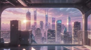 City, metropolis, with skyscrapers, against the backdrop of a pink sunset, pink and peach sky, the glare of the sun on the buildings, sun rays between buildings, without people, Futuristic future, adstech