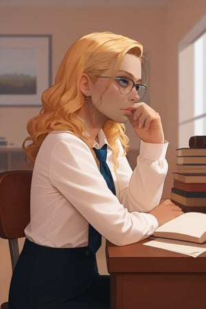 score_9, score_8_up, score_7_up, rating:safe, 1girl, plaid_shirt, solo, blonde_hair, nail_polish, long_hair, curly_hair, blue_eyes, lips, blouse, blurry, depth_of_field, blurry_foreground, glasses, nose, adjusting_eyewear, shirt, loose collar, loose tie, tie_knot, elegant, business, office, desk, photocopier, jewelry, book, indoors, bookshelf, closed_eyes, casual, tired, exhausted, unhappy, chin_rest, more detail XL, Expressiveh