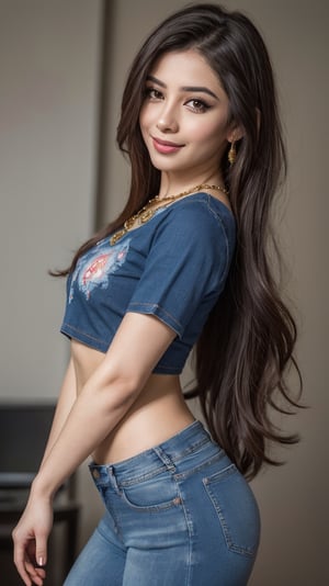 A stunning, photorealistic masterpiece of an exquisite Pakistani girl with very long curly dark brown hair, wearing an casual shirt over a crop top and denim jeans. Her expressionless face radiates an alluring and playful smile, enhanced by a gold necklace. Cinematic lighting illuminates her dreamy, glowing complexion from the side, casting warm shadows on her features. The focus is sharp, with ultra-high definition (8K) details that pop against a muted background. Artgerm's signature style shines through in this hyper-realistic illustration, reminiscent of sf art and Beksinski's eerie landscapes. The overall aesthetic screams 'trendy' and 'epic', making it perfect for a CG Society or ArtStation feature.