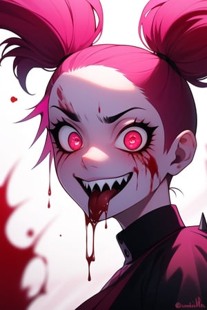 Spinel, pink hair,1girl, solo, masterpiece, 8k,high_resolution,pink skin,pigtails,spiky hair,evil smile,facing_viewer,standing,portrait,

big_eyes,sticking_tongue_out,Female,yandere,red_eyes,blood_on_face,long_tongue
,