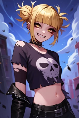 Score_9,Score_up_8,Score_up_7,Score_up_6,Score_up_5, source_cartoon,smile,eerie,smile,flat_colors,colored,human,handsome,h1m1k0t0g4,yellow eyes,short hair,blunt bangs,hair bun,messy hair,choker,blonde hair,cute,goth,goth_clothes,goth_makeup,torn_clothes,midriff,highlights