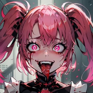 Spinel, pink hair,1girl, solo, masterpiece, 8k,high_resolution,pink skin,pigtails,spiky hair,evil smile,facing_viewer,standing,portrait,

sticking_tongue_out,Female,yandere,red_eyes,blood_on_face,long_tongue
,