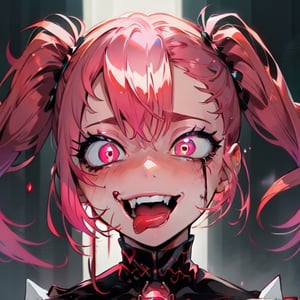 Spinel, pink hair,1girl, solo, masterpiece, 8k,high_resolution,pink skin,pigtails,spiky hair,evil smile,facing_viewer,standing,portrait,

sticking_tongue_out,Female,yandere,red_eyes,blood_on_face
,