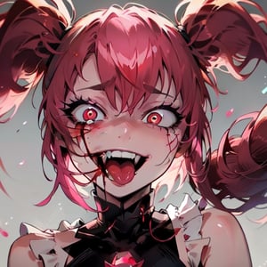 Spinel, pink hair,1girl, solo, masterpiece, 8k,high_resolution,pink skin,pigtails,spiky hair,evil smile,facing_viewer,standing,portrait,

sticking_tongue_out,Female,yandere,red_eyes,blood_on_face,long_tongue
,