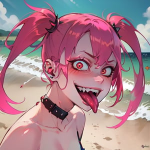 Spinel, pink hair,1girl, solo, masterpiece, 8k,high_resolution,pink skin,pigtails,spiky hair,evil smile,facing_viewer,standing,portrait,

bikini,beach,daytime,sticking_tongue_out,Female,yandere,red_eyes,
,