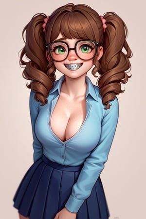 Score_9, Score_8_up, Score_7_up, Score_6_up, Score_5_up, Score_4_up, source_cartoon,(NSFW),
1girl,nerd,shy,smile,blushing
curls,pigtails,brown hair,
green eyes,nerdy glasses,
freckles,cute,buck teeth,braces,
big_boobs,wide_hips,busty
blue_shirt,long sleeve shirt,cleavage,collared_shirt,skirt,