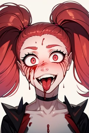Spinel, pink hair,1girl, solo, masterpiece, 8k,high_resolution,pink skin,pigtails,spiky hair,evil smile,facing_viewer,standing,portrait,

big_eyes,sticking_tongue_out,Female,yandere,red_eyes,blood_on_face,long_tongue
,YAMEROYANDERE
,
CONSTRICTED PUPILS
,
YANDERE
,
EMPTY EYES
,
SHADED FACE
,
CRAZY EYES
,
GLOWING EYES,