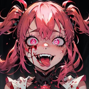 Spinel, pink hair,1girl, solo, masterpiece, 8k,high_resolution,pink skin,pigtails,spiky hair,evil smile,facing_viewer,standing,portrait,

sticking_tongue_out,Female,yandere,red_eyes,blood_on_face
,