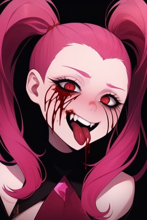 Spinel, pink hair,1girl, solo, masterpiece, 8k,high_resolution,pink skin,pigtails,spiky hair,evil smile,facing_viewer,standing,portrait,

big_eyes,sticking_tongue_out,Female,yandere,red_eyes,blood_on_face,long_tongue
,