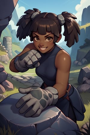 Score_9, Score_8_up, Score_7_up, Score_6_up, Score_5_up, Score_4_up,source_cartoon, 
1girl,cute face,cute girl,petite,stone_elemental, 
(rock hair,stone hair:1.3),twintails,
detailed_face,smile,moss,
petite,
overall,(brown skin,huge hands,stone hands,stone gloves:1.4),action_pose,
plains,cartoon,masterpiece,upper_body