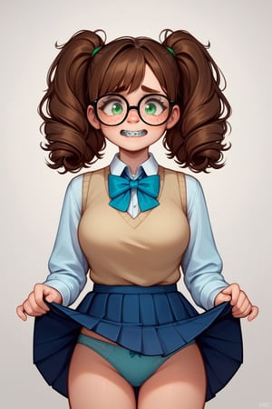 Score_9, Score_8_up, Score_7_up, Score_6_up, Score_5_up, Score_4_up, source_cartoon,(NSFW),
1girl,nerd,shy,nervous,
curls,pigtails,brown hair,
green eyes,nerdy glasses,
freckles,cute,buck teeth,braces,
big_boobs,wide_hips,busty
blue_shirt,long sleeve shirt,beige_sweater_vest,collared_shirt,skirt,blue_bowtie,lift_skirt,panties
