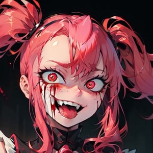 Spinel, pink hair,1girl, solo, masterpiece, 8k,high_resolution,pink skin,pigtails,spiky hair,evil smile,facing_viewer,standing,portrait,

sticking_tongue_out,Female,yandere,red_eyes,blood_on_face
,