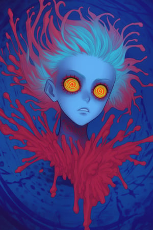 An illustration of a blond-haired person in formal attire, their left side being overtaken by a vibrant, abstract creature. The creature features an eye-like pattern, intense blue hues, and dynamic splashes of yellow and red. The background is a chaotic mix of dark and bright colors, creating a vivid, surreal atmosphere.
