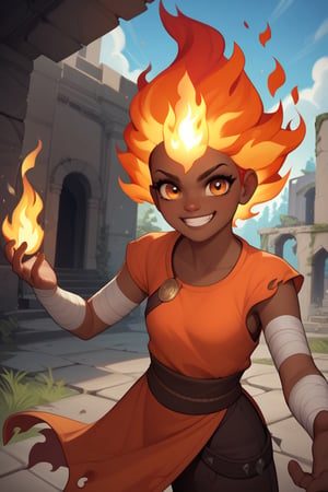 Score_9, Score_8_up, Score_7_up, Score_6_up, Score_5_up, Score_4_up,masterpiece,source_cartoon, 1girl,cute face,cute girl,petite, hair_highlight,orange_body, 
(flame hair,flame head:1.3),long hair,
detailed_face,smile,
eyes,petite,brown skin,
action_pose, 
tunic,loin_cloth,bandages,burned clothes,
ruins,upper_body,cartoon