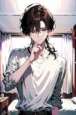 very detailed, high quality, masterpiece, beautiful (medium long shot) a boy, brown hair, young man, brown eyes, background in his room, of standard build, gesture of emotion, manhwa
