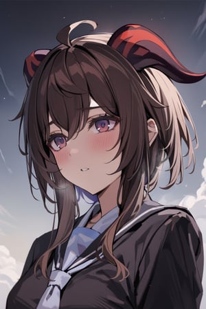 Prompt: masterpiece, best quality, 1 girl, Ganyu_genshi impact,Dark brown hair ,purple_eyes,red_horns,   Wearing a black school uniform., towards the sky ,