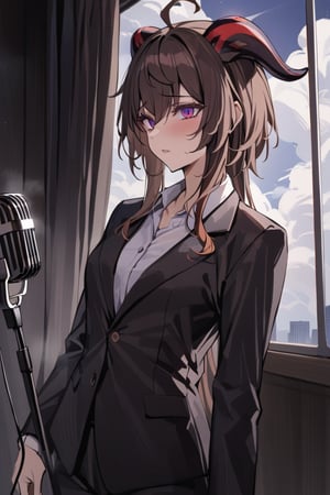 Prompt: masterpiece, best quality, 1 girl, Ganyu_genshi impact,Dark brown hair ,purple_eyes,red_horns,   Wearing A black suit .Hanging from a cloud in her neck ,a microphone in left,like she is sing 