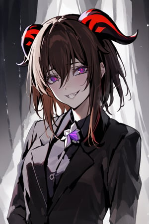 Prompt: masterpiece, ,best quality, 1 girl, Ganyu_genshi impact,Dark brown hair ,purple_eyes,red_horns,   Wearing A black suit .Hanging from a cloud in her neck she,smile evil,evil_smile,she is evil,glitter_force,she is so evil,she is evil His teeth are fangs,