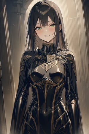 masterpiece, best quality, only one girl ,she have a black armor,one With black armor That covers your entire body , and a With long black hair and a bang  Looking ahead smiling ,green eyes