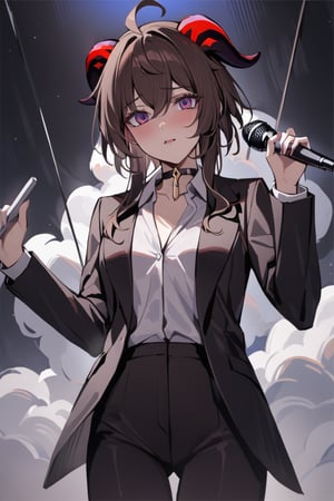 Prompt: masterpiece, best quality, 1 girl, Ganyu_genshi impact,Dark brown hair ,purple_eyes,red_horns,   Wearing A black suit .Hanging from a cloud in her neck ,a microphone in left,like she is sing 