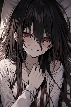 masterpiece, best quality, tokisaki kurumi from date a live, brown,red eyes, with yandere smile,holding a knife in his left hand,lying down in her bed
