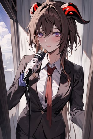 Prompt: masterpiece, best quality, 1 girl, Ganyu_genshi impact,Dark brown hair ,purple_eyes,red_horns,   Wearing A black suit .Hanging from a cloud in her neck ,a microphone in left,like she is sing 