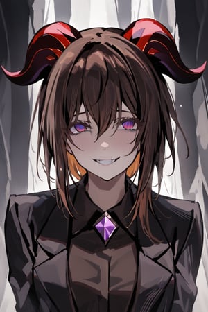 Prompt: masterpiece, ,best quality, 1 girl, Ganyu_genshi impact,Dark brown hair ,purple_eyes,red_horns,   Wearing A black suit .Hanging from a cloud in her neck she,smile evil,evil_smile,she is evil,glitter_force,she is so evil,she is evil His teeth are fangs,