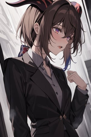 Prompt: masterpiece, best quality, 1 girl, Ganyu_genshi impact,Dark brown hair ,purple_eyes,red_horns,   Wearing A black suit .Hanging from a cloud in her neck ,a microphone in left,like she is sing 