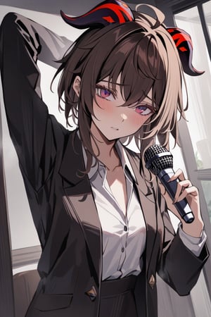 Prompt: masterpiece, best quality, 1 girl, Ganyu_genshi impact,Dark brown hair ,purple_eyes,red_horns,   Wearing A black suit .Hanging from a cloud in her neck ,a microphone in left,like she is sing 