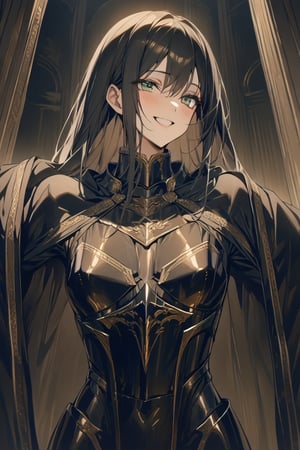 masterpiece, best quality, only one girl ,she have a black armor,one With black armor That covers your entire body , and a With long black hair and a bang  Looking ahead smiling ,green eyes