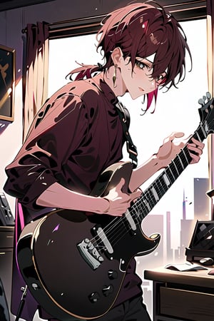 highly detailed, high quality, masterpiece, beautiful (medium long shot) a boy, brown hair, young man, brown eyes, background in his room, earring in the right ear, of a standard complexion, rock guitar in the hands, gesture of emotion