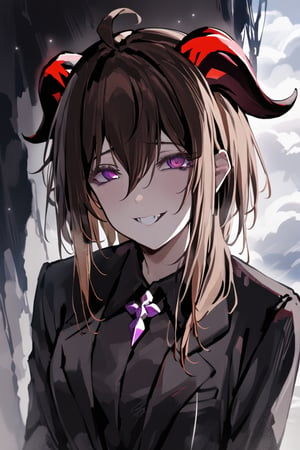 Prompt: masterpiece, ,best quality, 1 girl, Ganyu_genshi impact,Dark brown hair ,purple_eyes,red_horns,   Wearing A black suit .Hanging from a cloud in her neck she,smile evil,evil_smile,she is evil,glitter_force,she is so evil,she is evil His teeth are fangs,