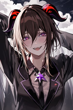 Prompt: masterpiece, ,best quality, 1 girl, Ganyu_genshi impact,Dark brown hair ,purple_eyes,red_horns,   Wearing A black suit .Hanging from a cloud in her neck she,smile evil,evil_smile,she is evil,glitter_force,she is so evil,she is evil His teeth are fangs,