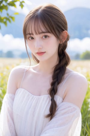 1girl, solo, long hair, looking at viewer, bangs, brown hair, dress, brown eyes, upper body, braid, outdoors, parted lips, sky, day, cloud, blunt bangs, white dress, twin braids, blue sky, lips, grass, hair over shoulder, realistic